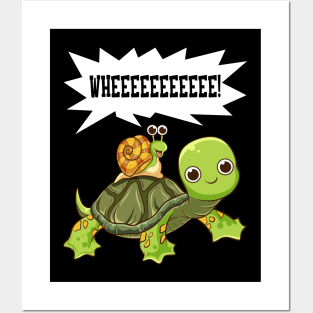 Cute & Funny Snail Riding on Turtle Yelling Whee Posters and Art